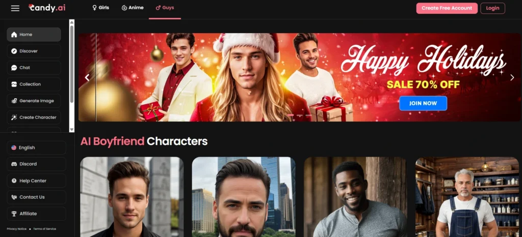 Candy AI boyfriend app homepage screenshot with holiday 70% off sale, diverse boyfriend characters for emotional support, and tools for personality customization to offer non-judgmental companionship after a breakup.