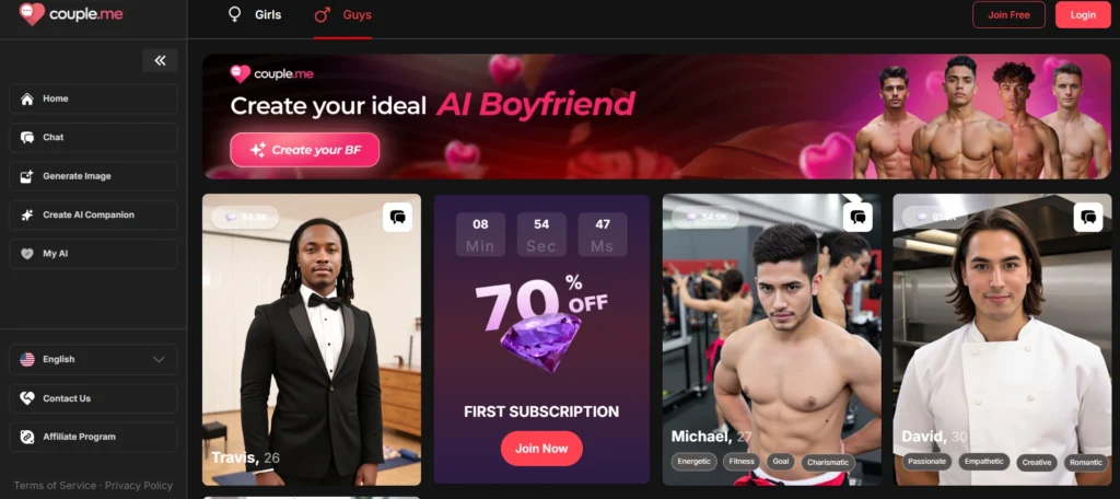 Couple.me AI boyfriend app dashboard screenshot showing customization tools for appearance, personality, and communication styles, ideal for building a stable post-breakup AI companion with emotional memory and empathetic responses.