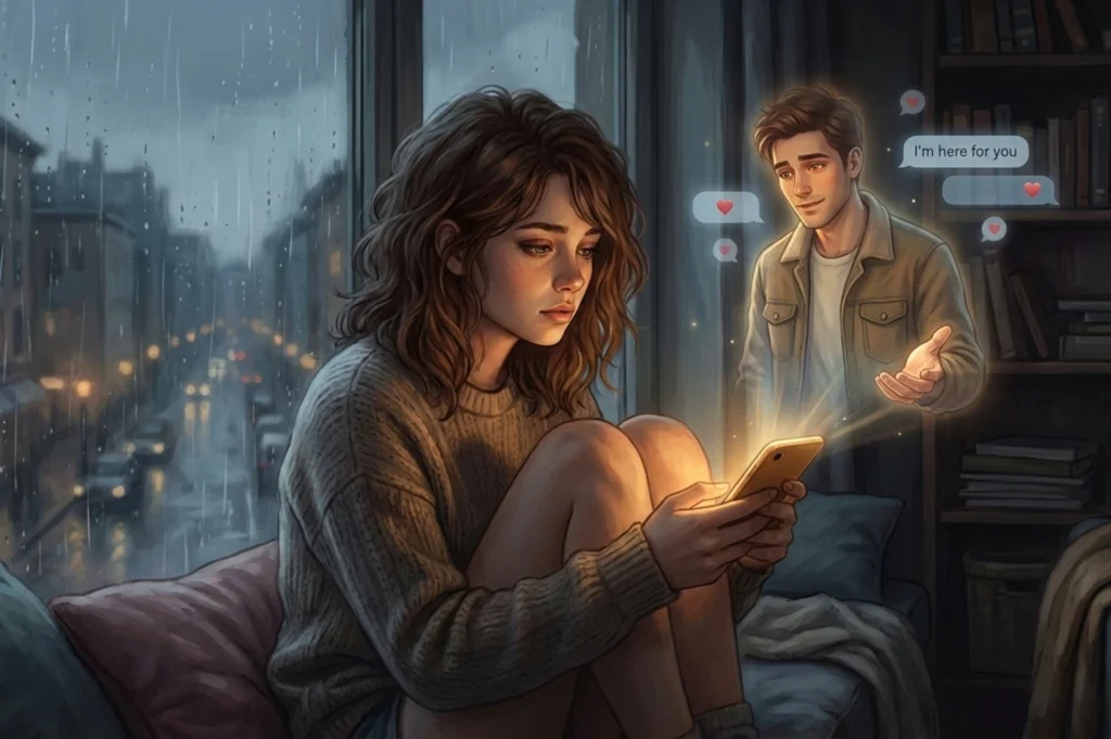 Emotional digital illustration of a vulnerable woman in cozy sweater sitting by rainy window at dusk, holding glowing smartphone with holographic AI boyfriend extending comforting hand and chat bubble saying "I'm here for you," symbolizing post-breakup AI boyfriend companionship, emotional support, and healing through virtual empathy and non-judgmental connection.