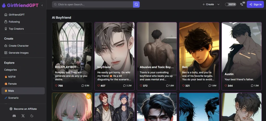 GirlfriendGPT app screenshot featuring AI boyfriend characters with roleplay scenarios, emotional depth, and natural conversation flows for nuanced support, adaptable to post-breakup needs like reassurance and humor.