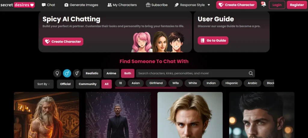 Secret Desires sideguy AI boyfriend apps homepage featuring spicy AI chatting with customizable male characters, anime and realistic styles, and filters for boyfriends, husbands, and kinks in immersive roleplay scenarios.