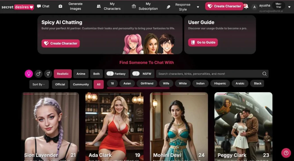 SecretDesires.AI bisexual chat interface showing realistic and anime AI avatars.