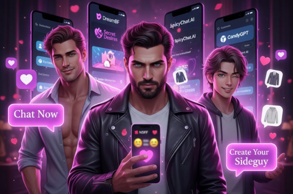 A vibrant, seductive cinematic illustration in a 16:9 aspect ratio. The foreground features three diverse, handsome AI-generated virtual boyfriends: an athletic Caucasian man, a brooding Middle Eastern man, and a playful Asian anime-inspired character, all rendered in high detail. They are surrounded by floating holographic chat bubbles with heart emojis, flirty messages, and subtle NSFW cues. The background blends app interfaces from popular AI companion apps (DreamBF, Candy.ai, etc.) and features romantic neon pink and purple lighting, creating an alluring, high-resolution hero shot for an article.