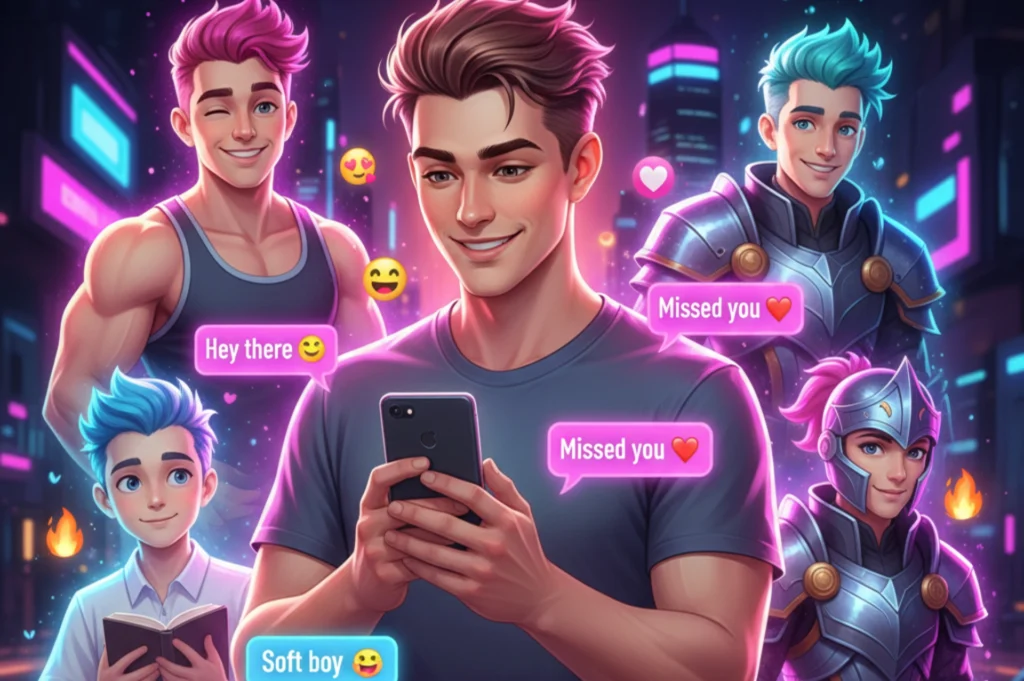 A vibrant, modern digital illustration featuring a confident gay man with short dark hair, smiling while looking at his smartphone. He is surrounded by four distinct, glowing holographic AI boyfriend avatars in different styles: a muscular jock, a soft boy, an anime character, and a fantasy figure. The scene is lit with bright neon pink and blue colors, with floating chat bubbles, flirty emojis, and futuristic UI elements, conveying an energetic, queer-friendly, and inviting atmosphere.