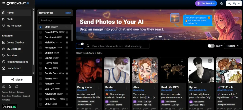 SpicyChat.AI sideguy AI boyfriend apps dashboard displaying NSFW male AI characters, tag filters for dominant boyfriends, romantic partners, and photo upload reactions in multilingual fantasy roleplays.