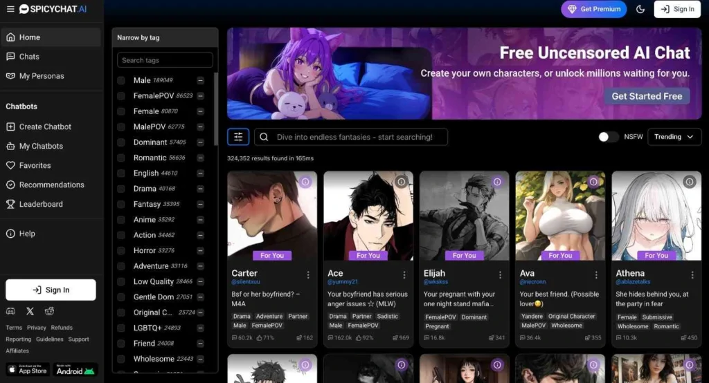 SpicyChat.AI bisexual chat app feed showing LGBTQ+ chatbots and fantasy characters.