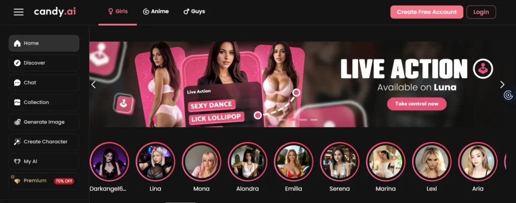 Candy AI dashboard highlighting live action video interactions and character customization in AI romance apps