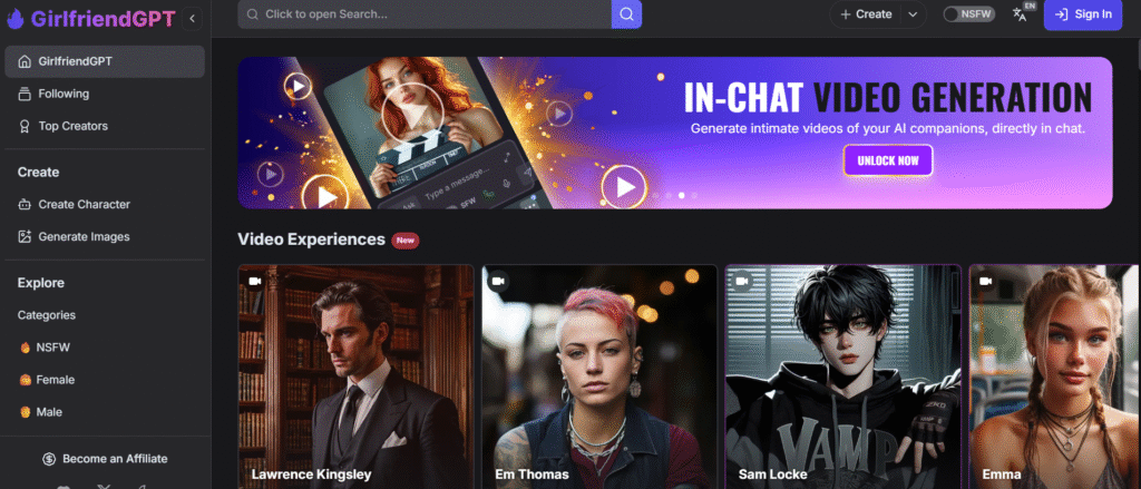 GirlfriendGPT interface showcasing in-chat video generation and character profiles in modern AI romance apps