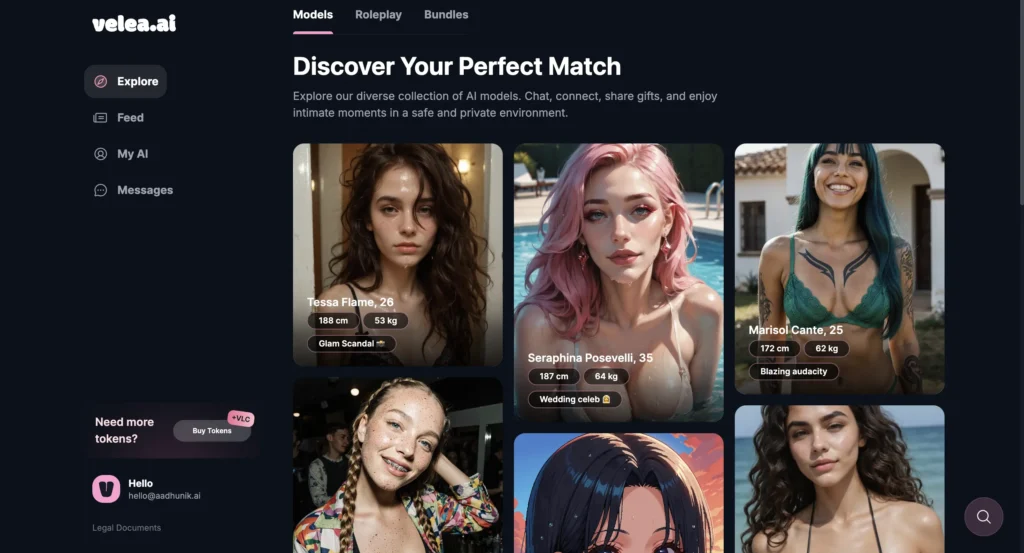 Velea.ai interface showing a privacy focused AI chat platform used for virtual girlfriend style conversations and personalized AI interactions