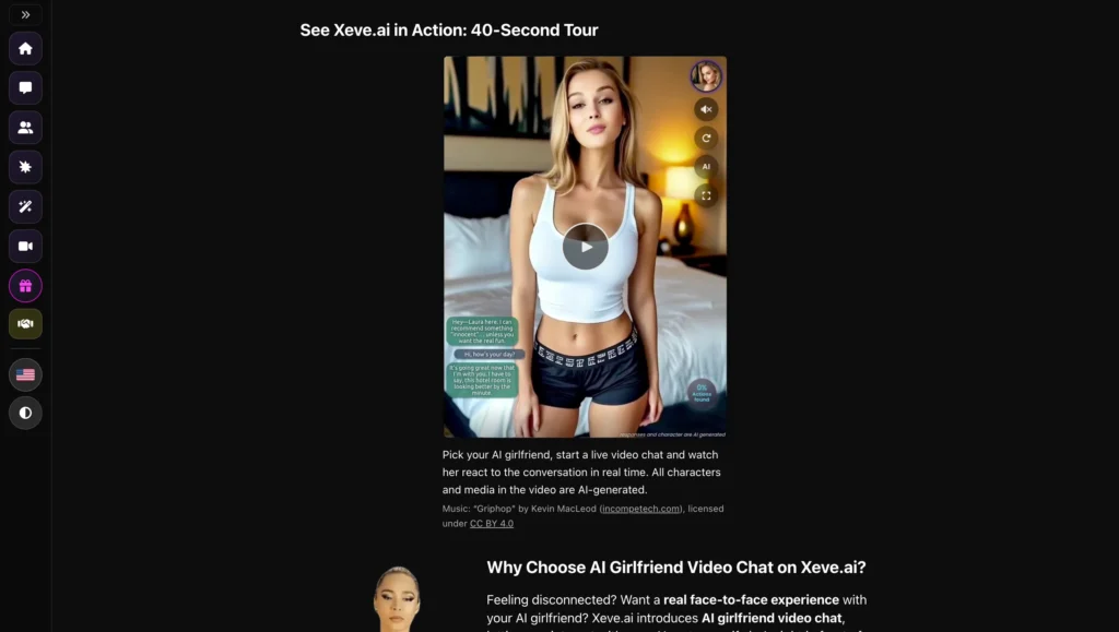Xeve.ai AI girlfriend video chat interface with an AI-generated virtual character and real-time conversation.
