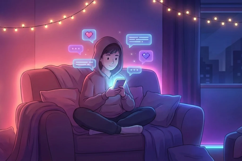 Animated neon illustration of an introvert chatting with an AI boyfriend chatbot in a cozy, private room at night