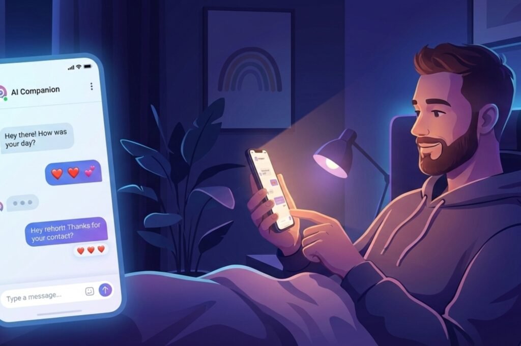 Illustration of a man chatting with a judgment-free AI gay chatbot on his phone, showing a virtual boyfriend conversation in a private, safe space