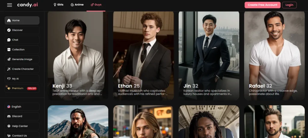 Candy AI boyfriend chatbot character selection screen with realistic male avatars