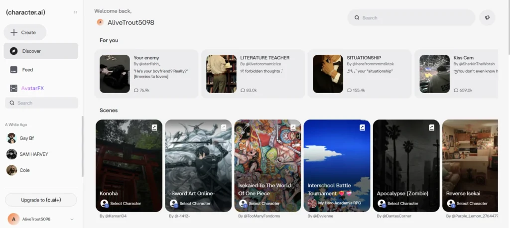 Character AI discover page showing LGBTQ-friendly chatbot characters for casual and story-based conversations