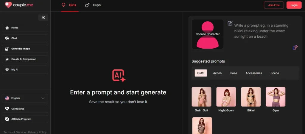 Couple.me AI image generator interface for 2025 review, showing custom selfie prompts like bikini on beach, night gown, and gym wear for personalized virtual companion visuals and NSFW roleplay enhancement.