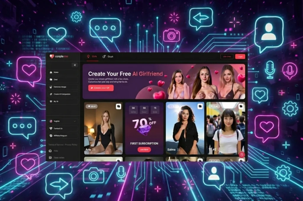 Couple.me 2025 review homepage for creating free AI girlfriend, with character customization examples, 70% subscription discount, and virtual companion profiles like Aria and Salma for realistic AI dating.