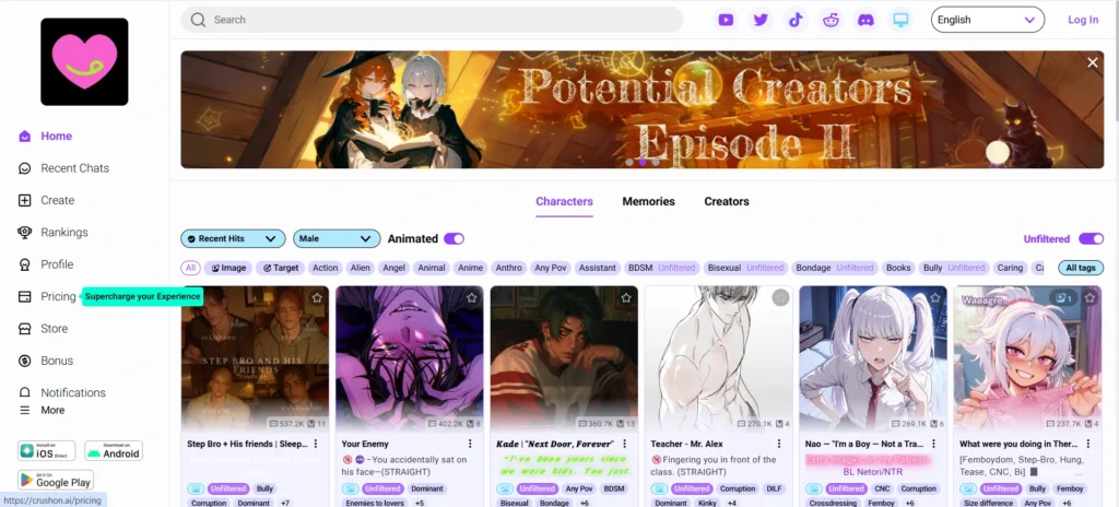 CrushOn AI dashboard featuring gay chatbot characters for open roleplay and judgment-free conversations