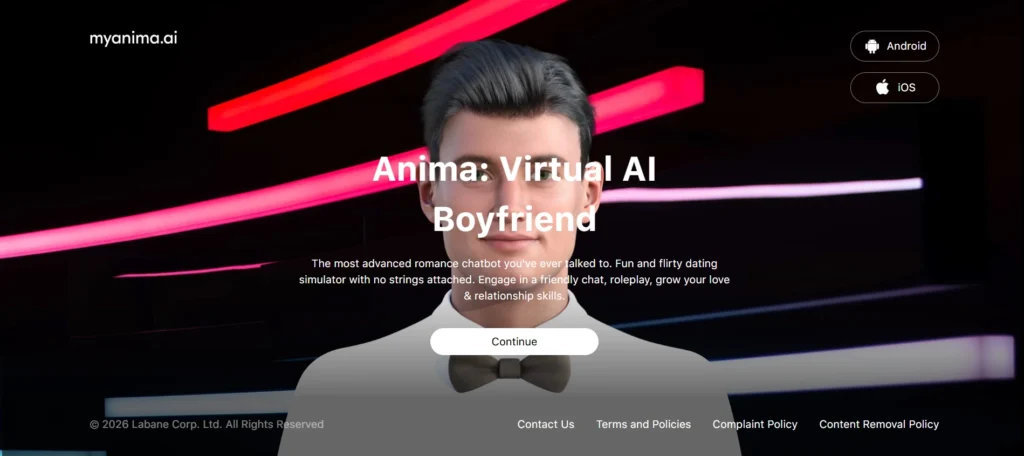 MyAnima.AI website screenshot showing virtual AI boyfriend Anima interface, ideal for discreet AI chatbots targeting gay users with engaging, no-commitment romantic interactions on iOS and Android.