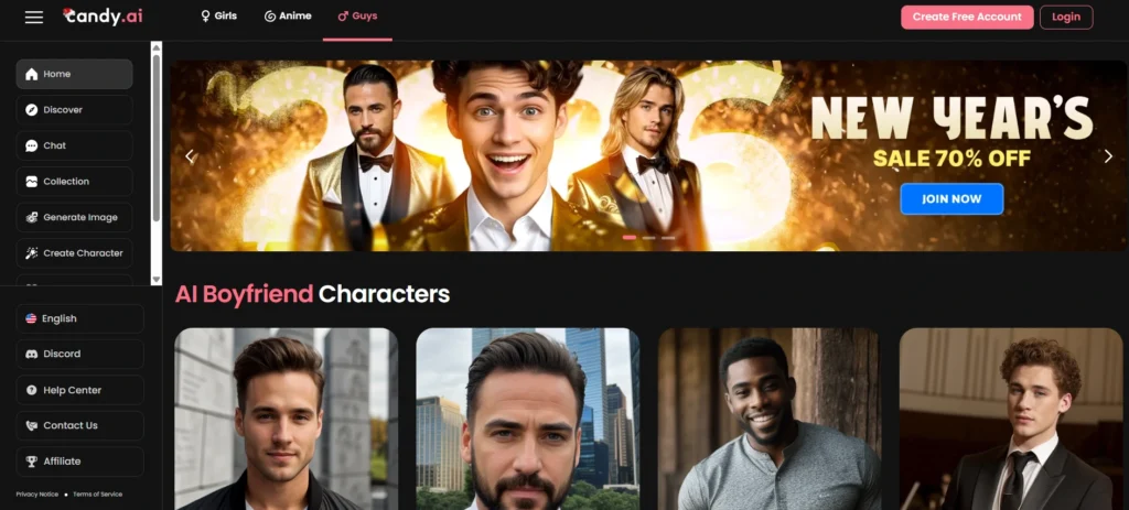 Candy.AI homepage screenshot of AI boyfriend characters gallery, offering discreet AI chatbots for gay users with options for girls, anime, and guys categories in a dark theme layout.