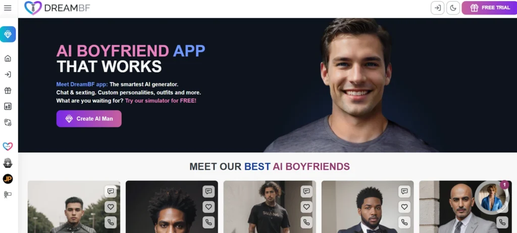 DreamBF website displaying AI boyfriend app banner with meet our best AI boyfriends section, providing discreet AI chatbots for gay users through free trial and creation tools.