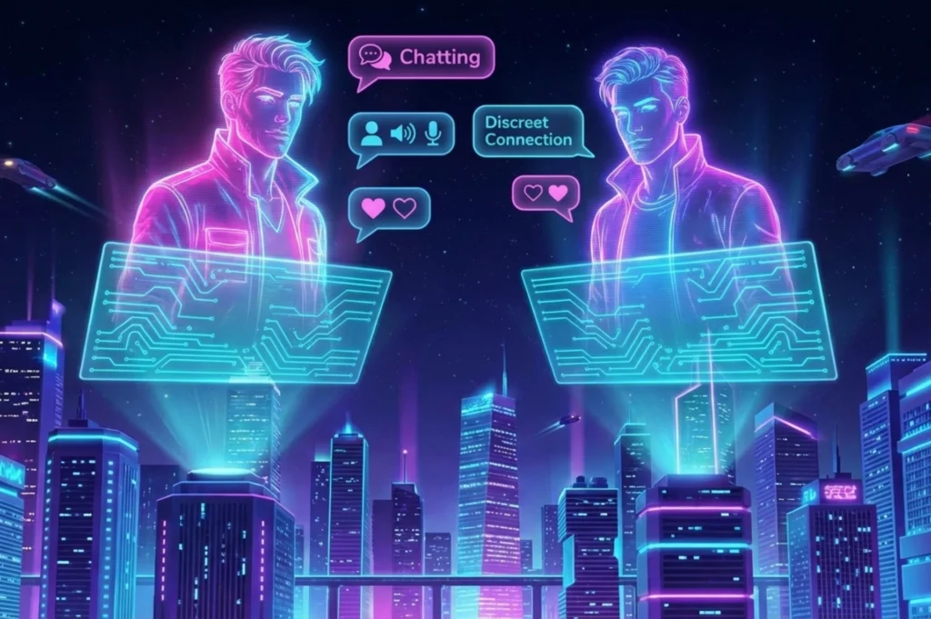 Vibrant cyberpunk scene with neon pink and blue holographic men as AI chatbots for discreet gay user connections, featuring floating chat interfaces over a starry night city skyline with cyan circuit accents.