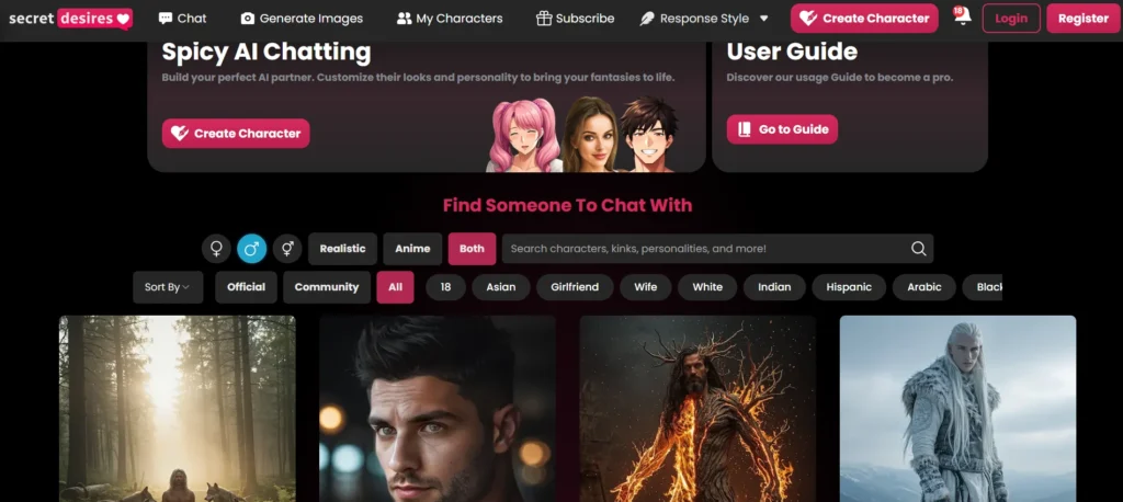 Secret Desires website find someone to chat with section, featuring official and community male AI characters with filters for 18+, Asian, girlfriend, and more, tailored for discreet gay user interactions.