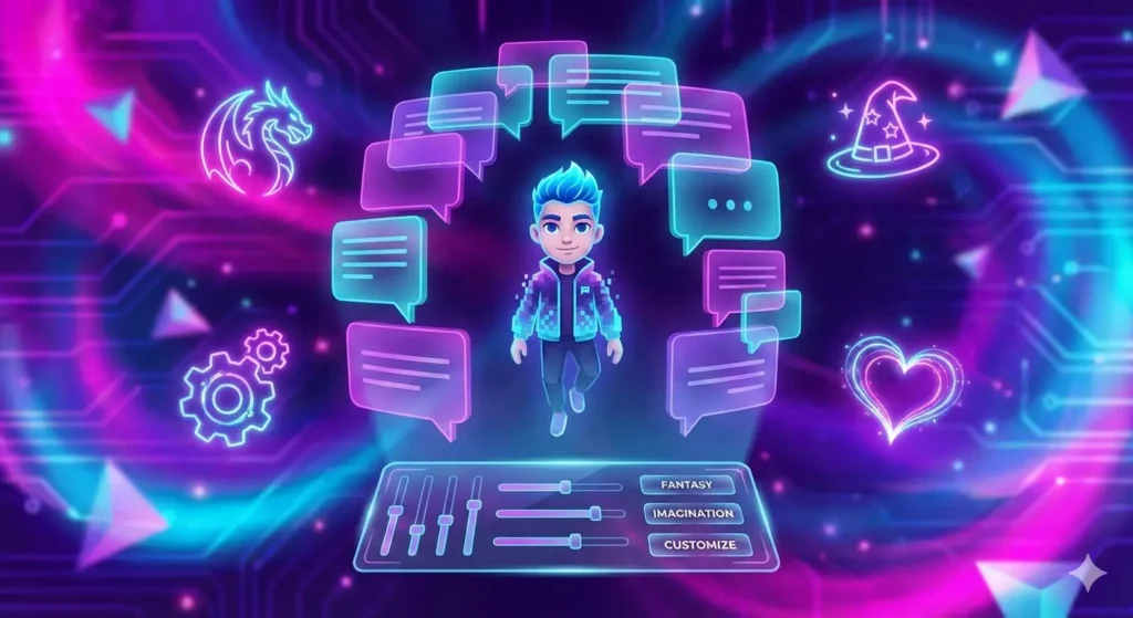 Neon-style illustration of a virtual AI boyfriend avatar emerging from a futuristic chat interface, representing fetish-specific AI boyfriend roleplay bots