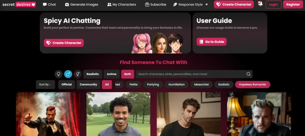 Secret Desires AI boyfriend chatbot platform with character filters and fantasy chat options