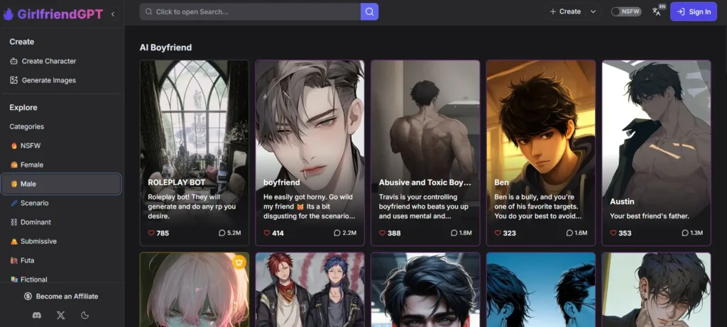 GPTGirlfriend AI boyfriend chatbot platform with anime and illustrated male characters
