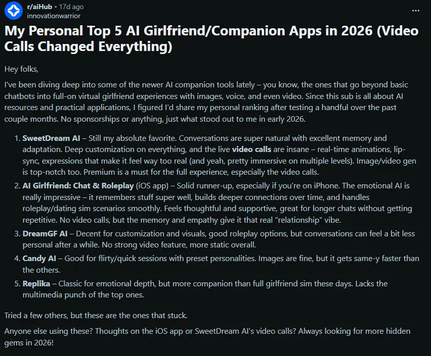 Reddit post reviewing top AI girlfriend and AI video companions in 2026, discussing video calls, customization, and emotional interaction