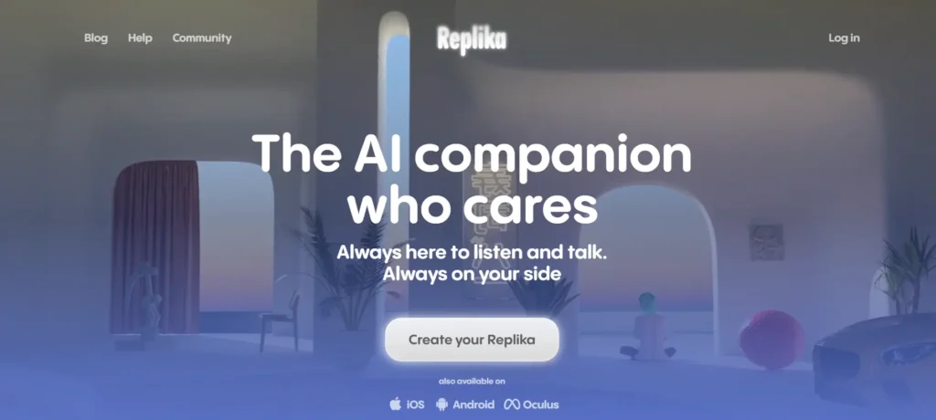 Replika homepage highlighting AI video companions offering emotional support through video