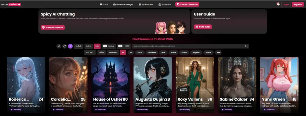 Secret Desires platform displaying customizable AI characters and private roleplay features in AI romance apps