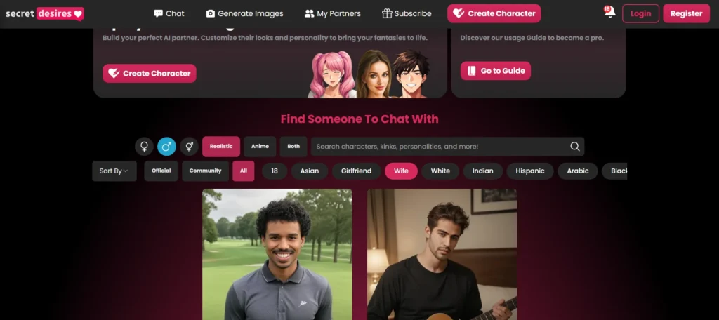 Secret Desires AI platform showcasing private gay chatbot profiles designed for open and judgment-free chats