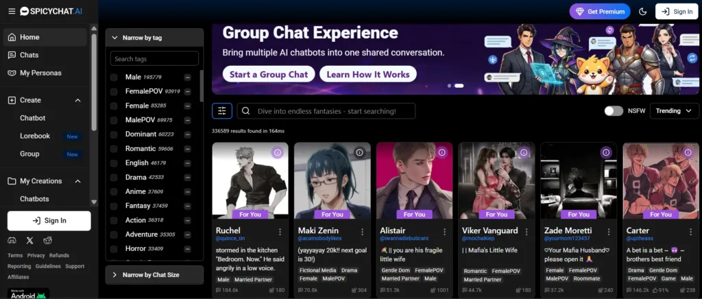 Spicy Chat AI interface showing community-created characters and long-form roleplay tools in AI romance apps