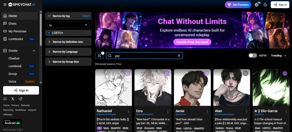SpicyChat AI platform showing search results for gay AI chatbot characters built for uncensored roleplay.