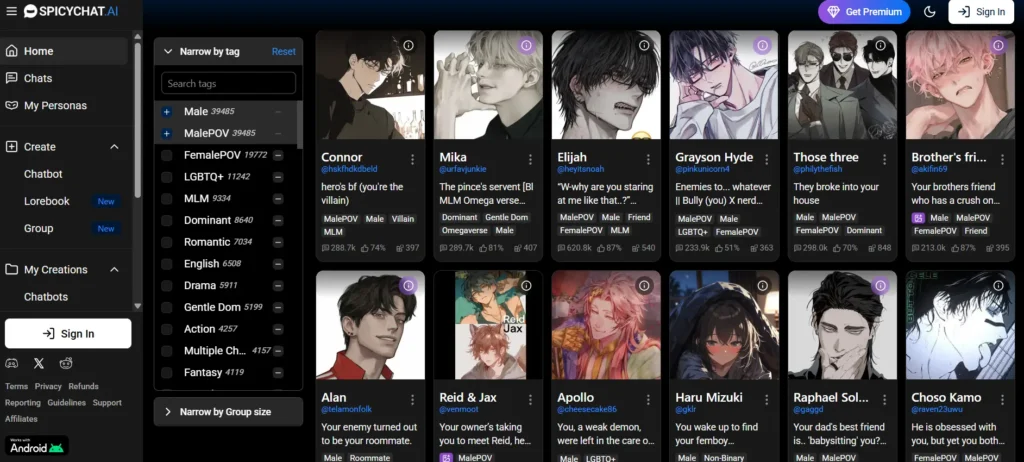 SpicyChat AI boyfriend chatbot interface with male roleplay characters