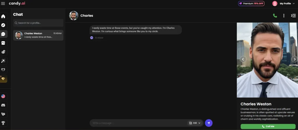 AI husband chat interface in Candy AI showing a male virtual companion and live conversation
