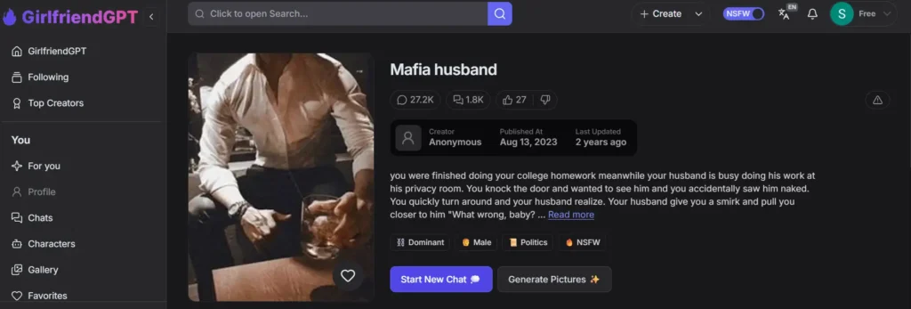 GirlfriendGPT AI husband character page showing a dominant virtual boyfriend and chat options