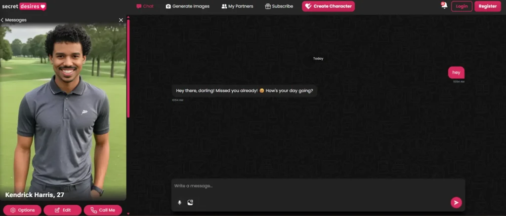 Secret Desires AI chat screen with a virtual husband sending a romantic message