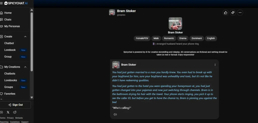 Spicy Chat AI interface showing a roleplay conversation with a virtual husband character