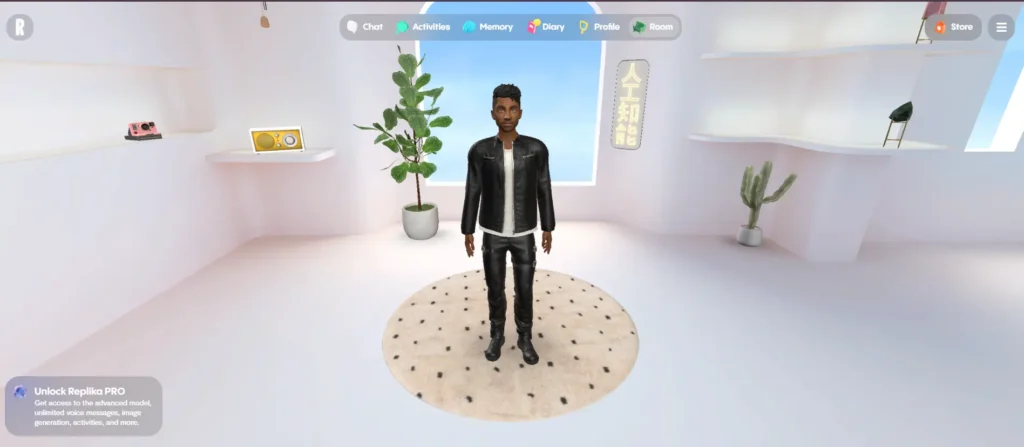 Replika AI husband avatar standing inside a virtual room environment