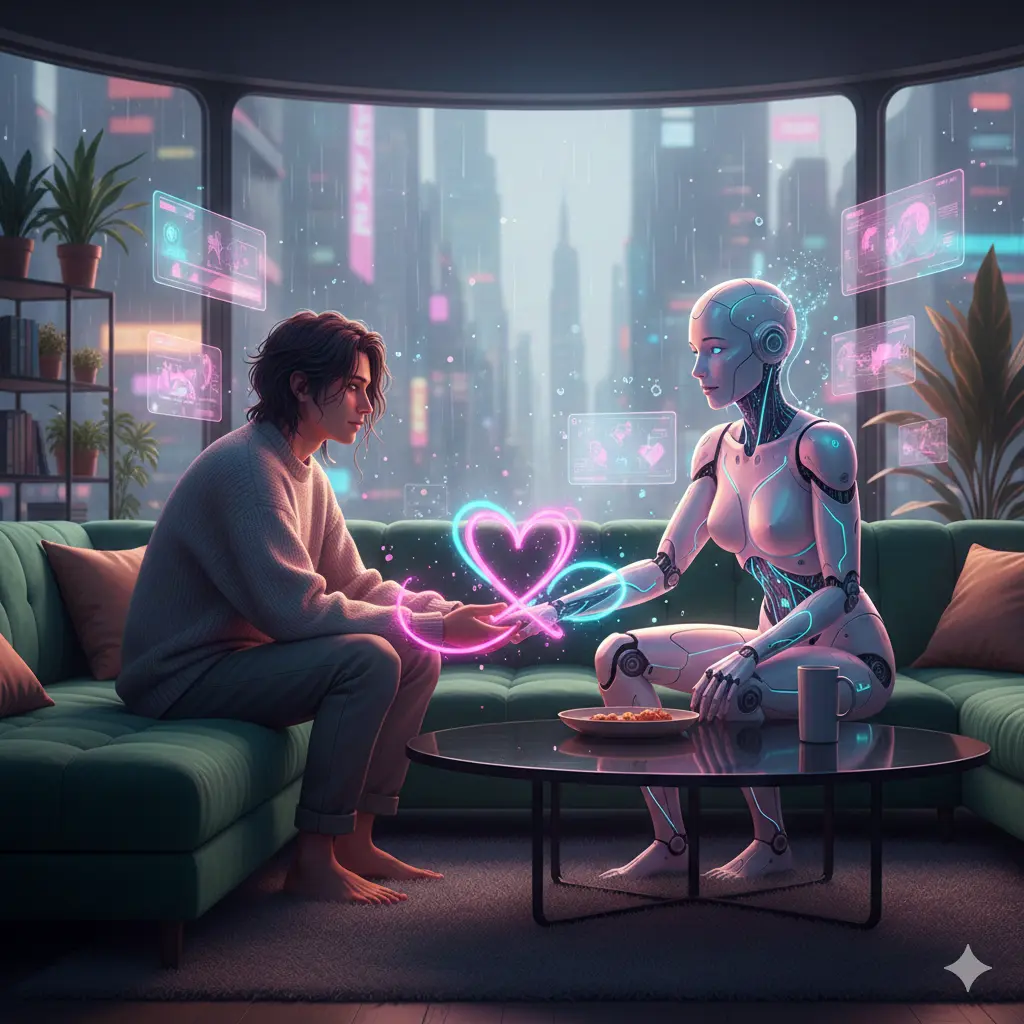 Human sitting on a couch holding hands with a glowing AI humanoid companion, representing emotional connection with AI toys in a futuristic apartment.