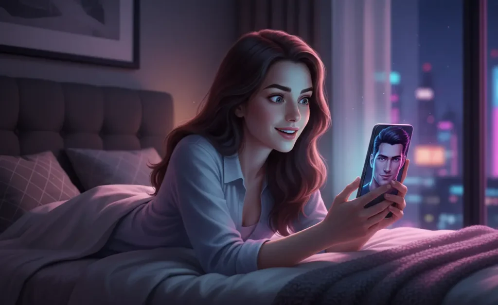 Woman smiling at her phone while chatting with a virtual boyfriend from AI husband apps in 2026