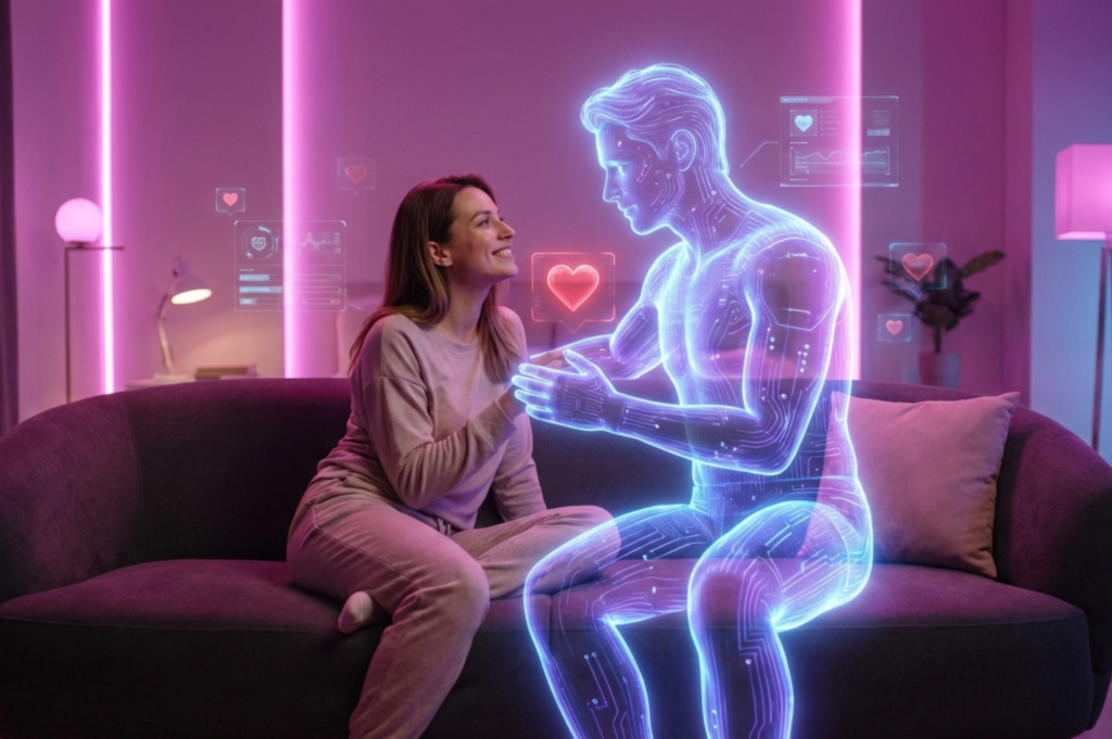 Woman smiling at a holographic AI boyfriend in a neon-lit room, illustrating the best AI boyfriend this valentine's experience.