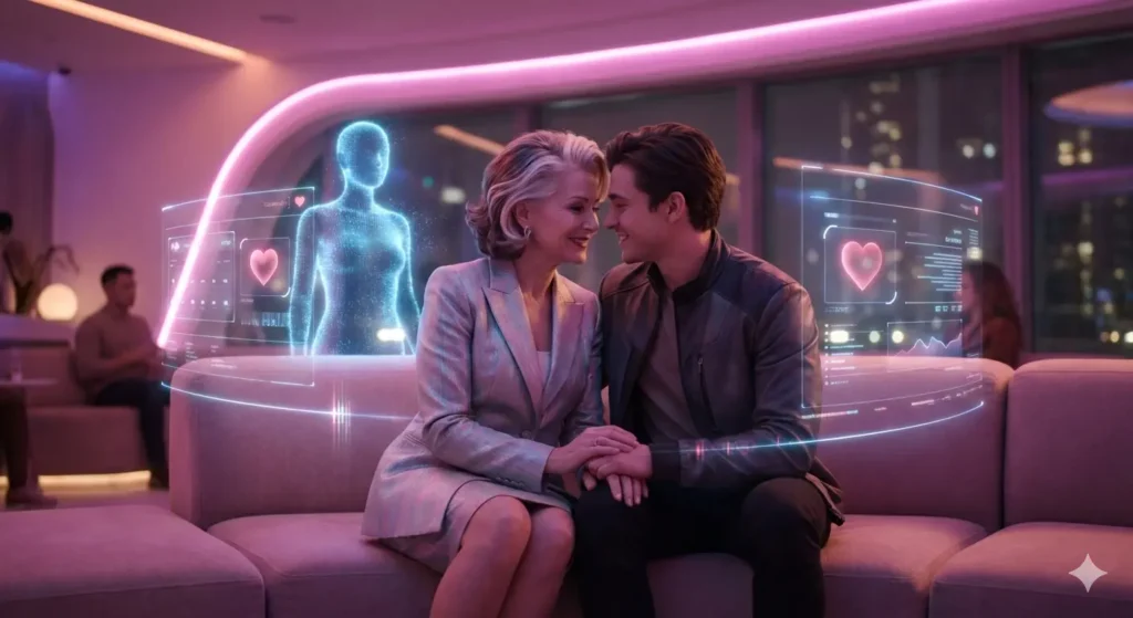 AI Sugar Mommy interacting with younger partner in futuristic AI companion environment with holographic interface and digital relationship visuals