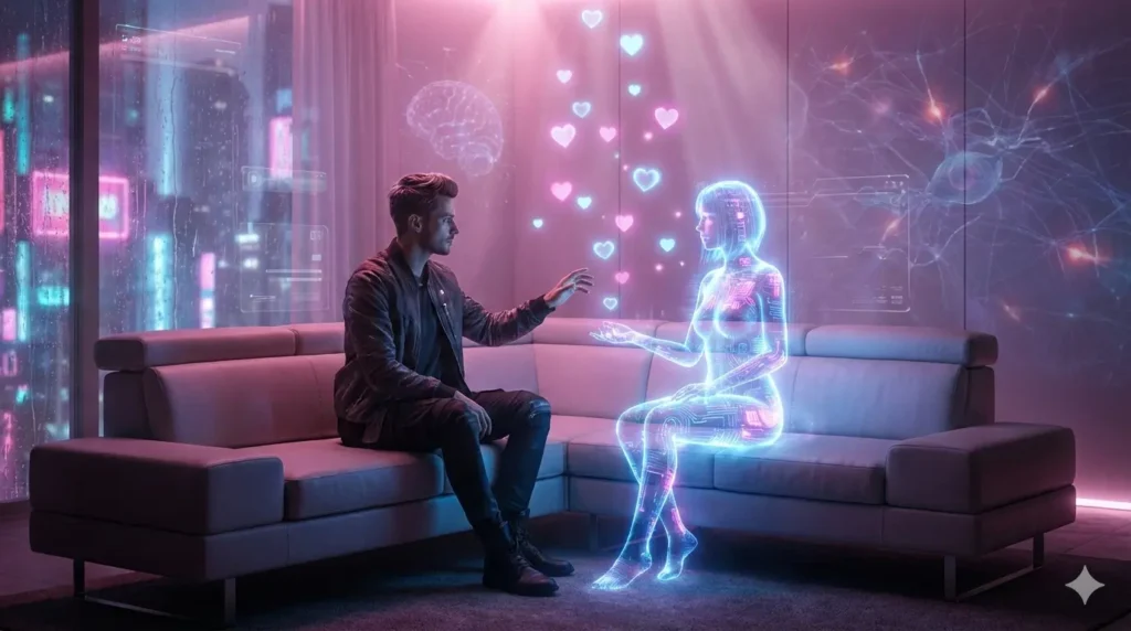 Man interacting with a holographic AI woman in a neon-lit living room, representing the best AI wife app for emotional and virtual companionship.