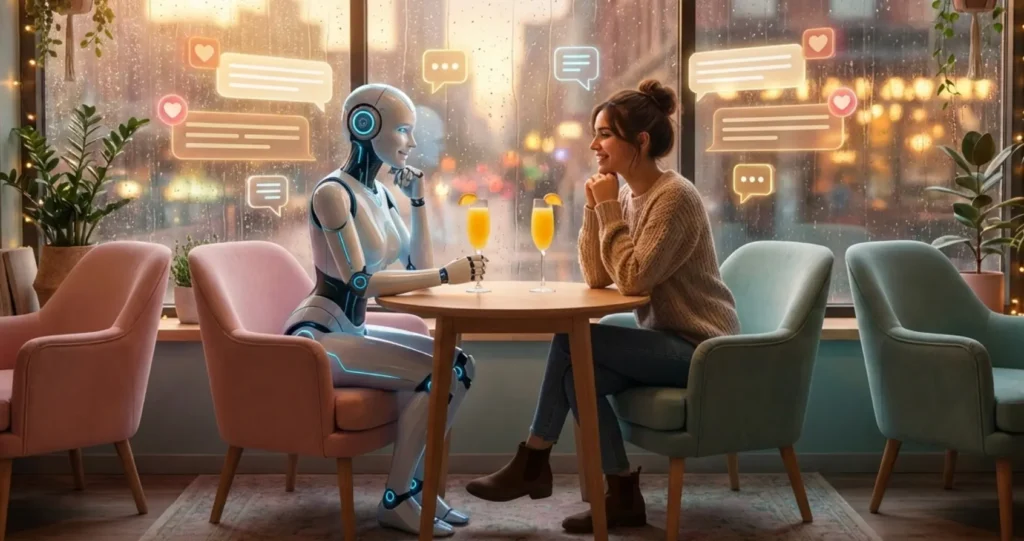 Woman chatting with her AI best friend in a café, sitting across from a humanoid AI companion while enjoying mimosas and a warm conversation.
