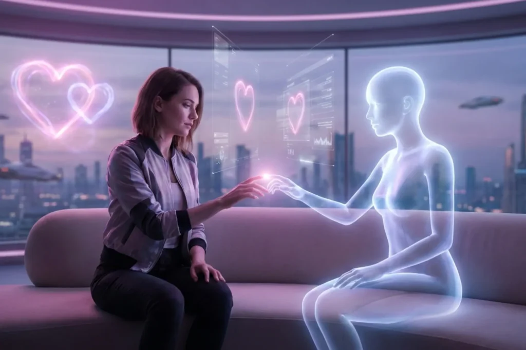 Human touching holographic AI companion symbolizing emotional connection in an AI slow romance chatbot experience