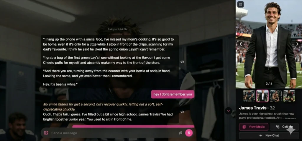 AI boyfriend roleplay chat interface showing a virtual character profile and storytelling conversation simulating a reunion with a past romantic connection.