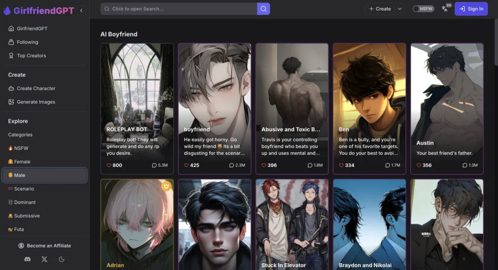 GirlfriendGPT website interface presenting an AI boyfriend companion chat experience